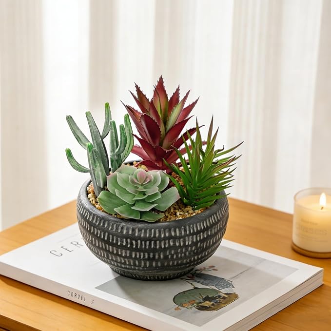 Briful Fake Succulents in Black Cement Pot, Artificial Succulent Plants Arrangement for Home Decor, Small Faux Potted Plants Tabletop Centerpiece, Desk Office Bathroom Shelf Decorations