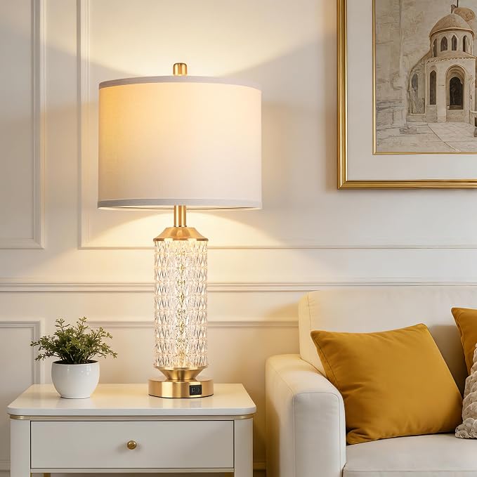QiMH Glass Table Lamps Set of 2, Modern Gold Beside Lamps for Living Room