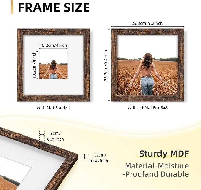 YESKAY 8x8 Picture Frame Set of 9, Photo Gallery Wall Frame Set, Display Pictures 4x4 with Mat or 8 x 8 Without Mat, Square Frame Picture Frames Collage Wall Decor, Rustic Brown