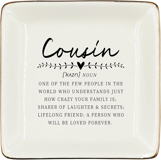 WODMIS Cousin Gifts Ceramic Jewelry Tray Dish, Cousin Birthday Gifts Jewelry Plate Dish, Cousins Ring Trinket Dish, Cousin Christmas Graduation Wedding Gifts for Cousin Women, Cousin Gifts