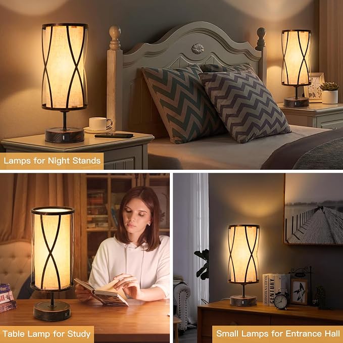 Distressed Table Lamps for Living Room, 3 Way Dimmable Touch Lamps, Small Bedside Lamps with LED Bulbs, USB Ports C+A, Nightstand Lamp for Kids Room, Bedroom, Office (2 Pack Iron)