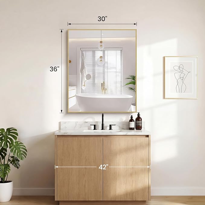 Sweetcrispy Bathroom Mirror, 30" x 36" Rectangle Wall Mount Mirrors | Modern Vanity Mirror with Tempered Glass, Metal Frame, for Home Decor, Anti-Rust, Gold