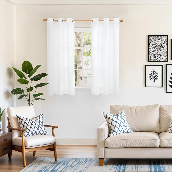 48 Inch Length White Linen Semi Sheer Curtains for Short Window 2 Panels | Light Filtering Drapes with Bronze Grommet for Bathroom Bedroom Living Room Window, 42 X 48 Inch