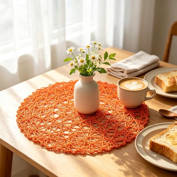 IcosaMro Tangerine Round Placemats Set of 12 for Dining Table, 13 Inches Paper Woven Boho Small Decorative Circle Place Mat for Wedding Christmas Thanksgiving Day Holiday Dinner, Orange