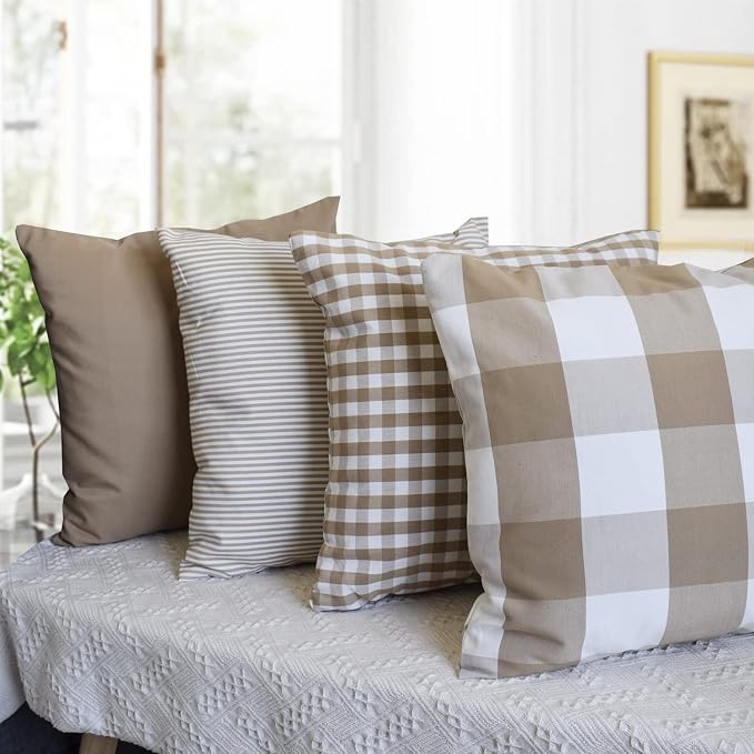 HOPLEE Farmhouse Pillow Cover Cushion Cover with Buffalo Plaid, Solid Beige, Striped and Gingham Plaid Design 16x16 Inches,4 Pack