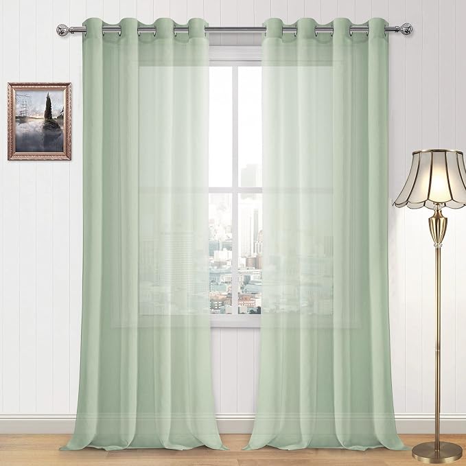 DWCN Sheer Curtains for Living Room Bedroom - Faux Linen Look Voile Drapes Grommet Top Window Curtain Panel 52 x 95 Inches Long, Bean Green, Set of 2 Panels
