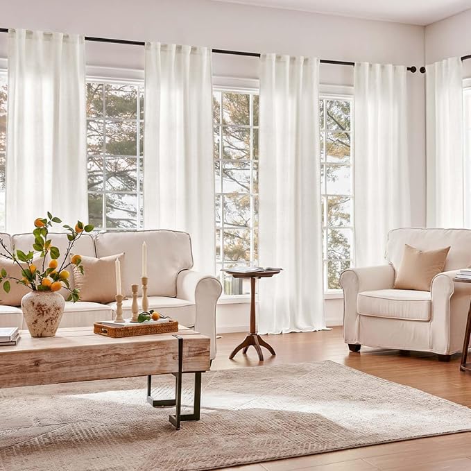 jinchan Lined Linen Curtains Privacy Back Tab 50x96 Inch 2 Panels Set White | Light Filtering Curtains with White Privacy Liner, Cottage Core Farmhouse Curtains for Living Room, Rod Pocket 96 Inch Length