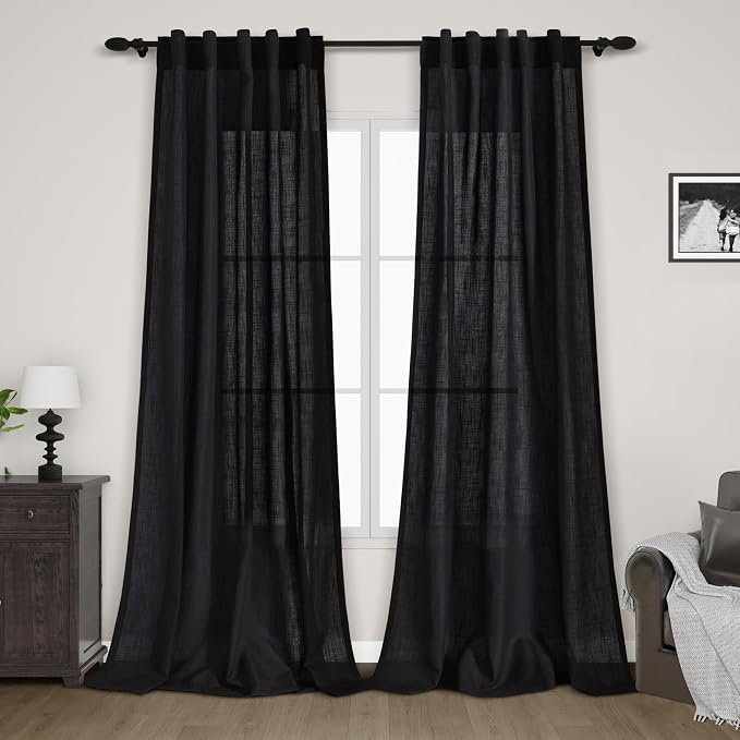 Black Boho Curtains for Bedroom Back Tab Rod Pocket Semi Sheer Linen Curtains 90 Inches Long 2 Panel Set Light Filtering Neutral Farmhouse Lightweight Drapes for Living Room 40x90 Inches