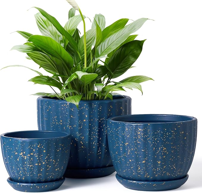 4/5/6 Inches Ceramic Plant Pots with Drainage Holes and Saucer Set of 3 | Round Planter for Small Indoor/Outdoor Plants with Modern Stripes Design, Blue with Gold Dot, Decorative Flower Pots