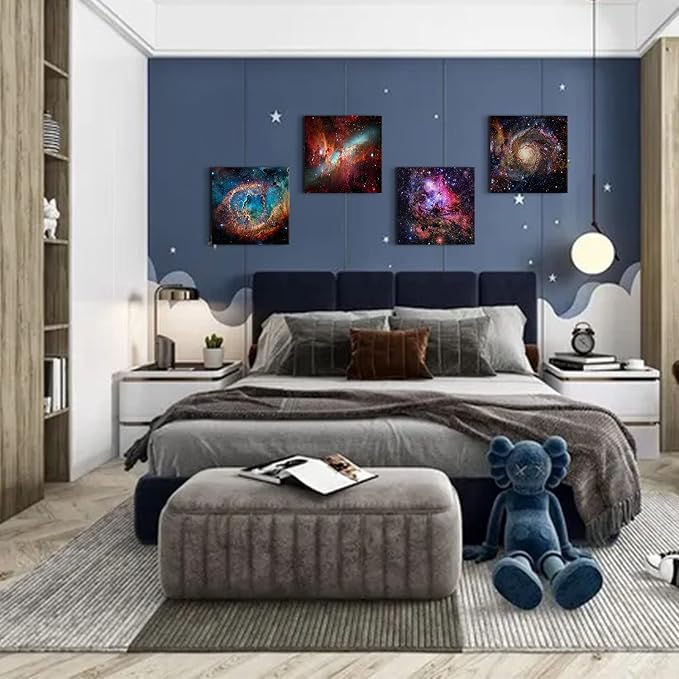 Nebula Galaxy Wall Art Painting Prints on Canvas Wall Decorations Wooden Frames Canvas 24" x 24" x 4 Panels/Set Outer Space Starlight Modern Artwork Pictures Home Wall Decor Cosmic Astronomy Posters