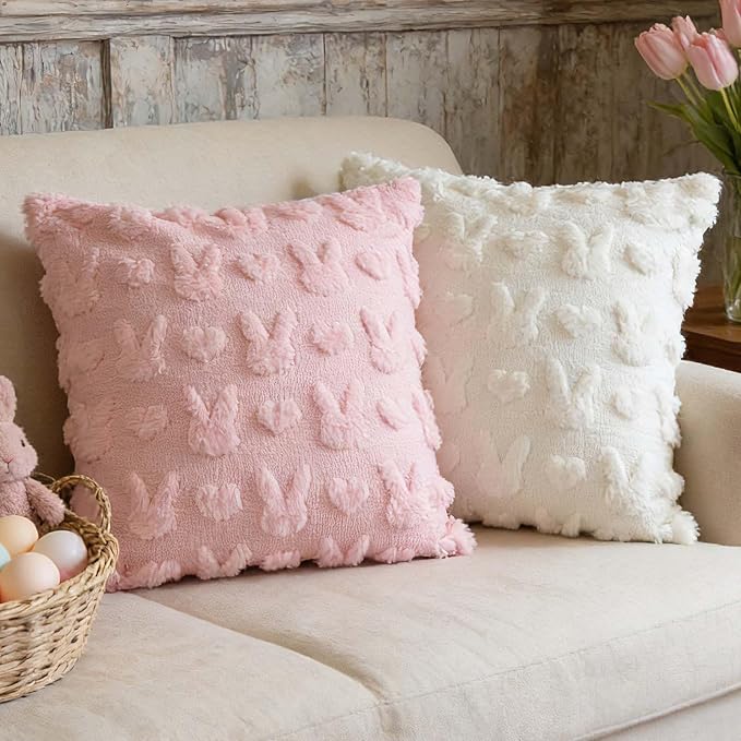 ONFAON Easter Decorations-Easter Pillow Covers 18x18 inch Set of 2 Soft Plush Faux Wool Pink Throw Pillows for Bedroom Sofa Holiday Festivals Home Decor