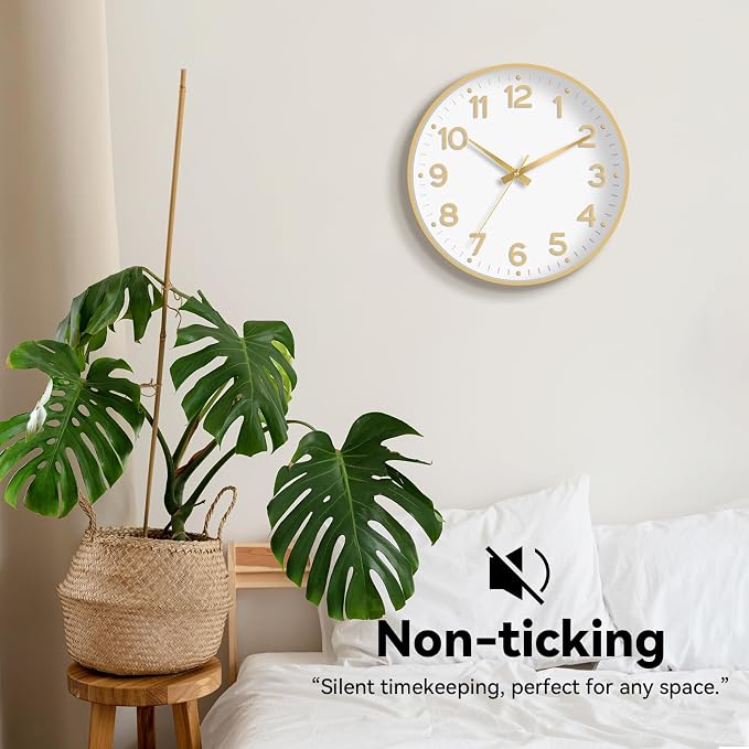Roymnie 8 Inch Wall Clock, Battery Operated Silent Non Ticking Analog | White Gold modern analog; large 3D easy-read dial for kitchen, office, bathroom & bedroom; 1 AA battery (not included)