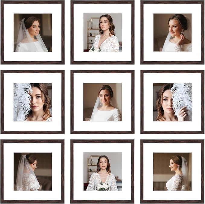 12x12 Picture Frame Set of 9, Display Pictures 8x8 with Mat or 12x12 without Mat, Multi Collage Gallery Square Photo Frames for Wall or Tabletop, Brown