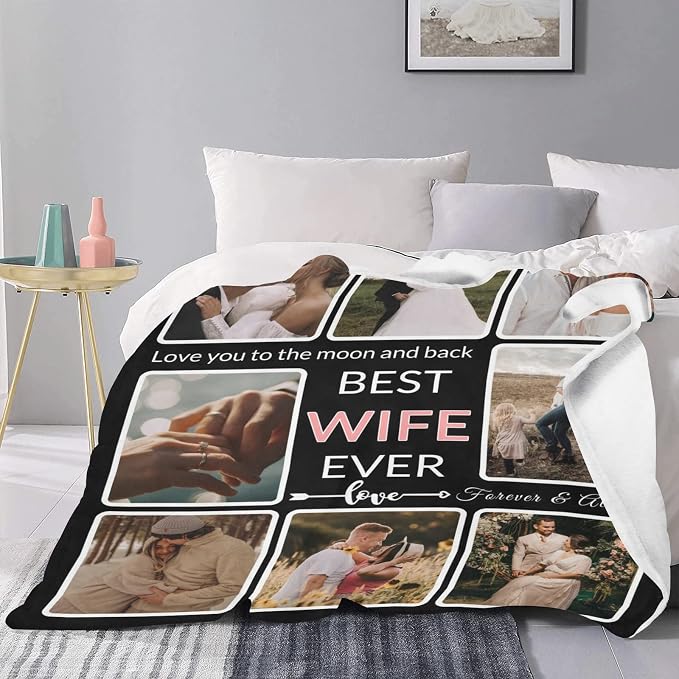 Gifts for Wife Custom Blanket with Photo, Make a Personalized to My Wife Blankets with Picture Customized Memories Souvenir Throws for Best Wife Ever, 8 Collage Made in USA