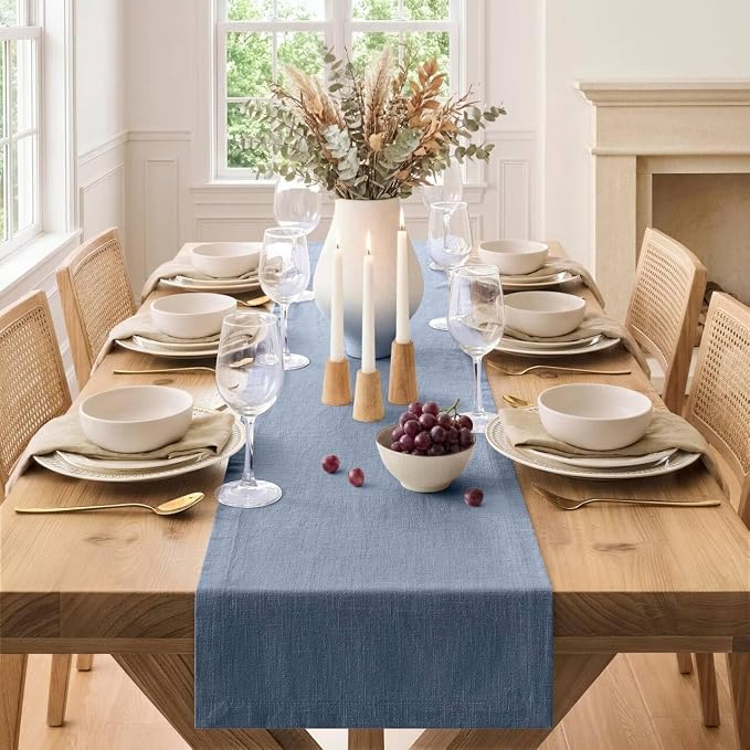 100% Natural Cotton Linen Table Runner, 14x36in Dusty Blue | 75% Linen 25% Cotton, Soft Breathable, Mitered Stitched Corner, Textured Farmhouse Table Runner, Rustic Home Kitchen Decor