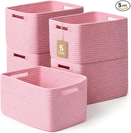 5 Pack Woven Storage Baskets, Decorative Storage Bins for Organizing | 13.8'' × 9.8'' × 7.9'', Cute Cotton Rope Basket Organizer for Closet, Shelves, bathroom, Nursery, Toys, Books, Pantry, Pink