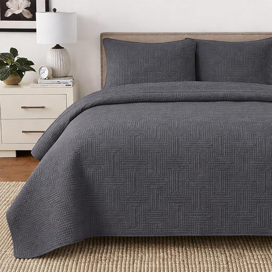 Cozy Line Home Fashions 100% Cotton Quilt Set – 3-Piece Charcoal Gray Geometric Basketweave Quilted Bedspread with Shams, Lightweight All Season Modern Bedding (Maze Gray, King)