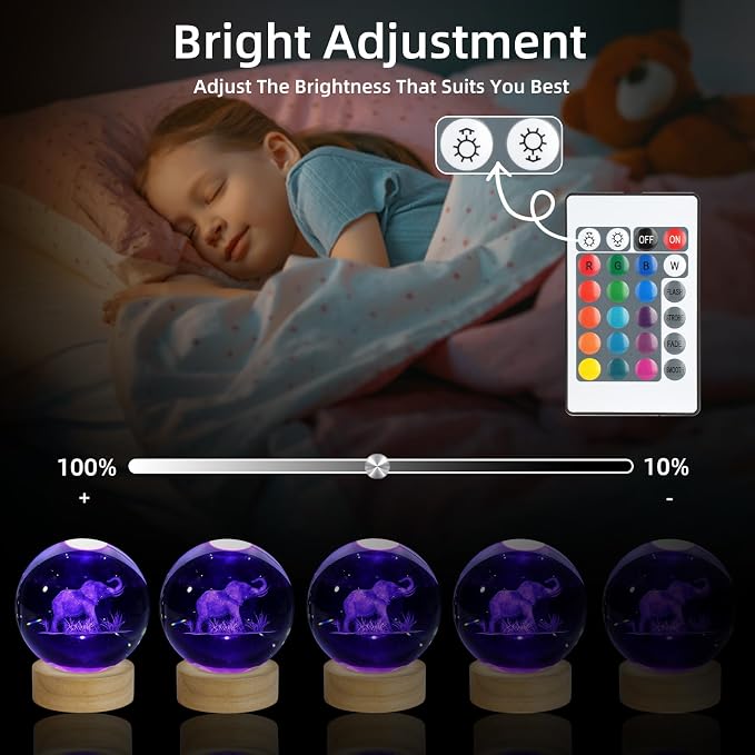 3D Crystal Ball Night Light, 3.15 Inch Glass Ball Lamp with 16 Color LED Wooden Base, Elephant Lamp Decor for Birthday, Holiday, Christmas Gifts