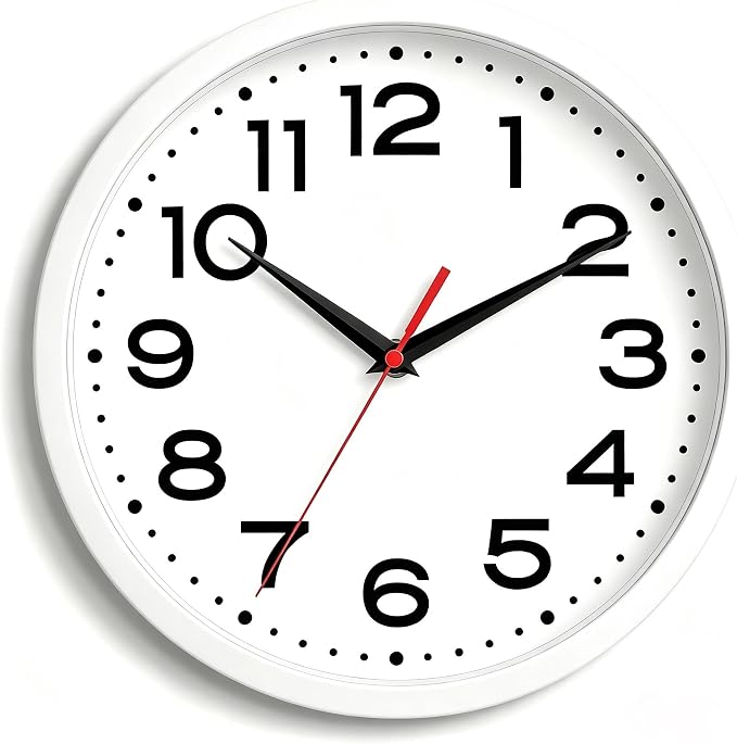 Roymnie 10 Inch Wall Clock, Battery Operated Silent Non Ticking White | analog wall clock; bold numerals for easy reading; silent non-ticking; 1 AA battery (not included); for classroom