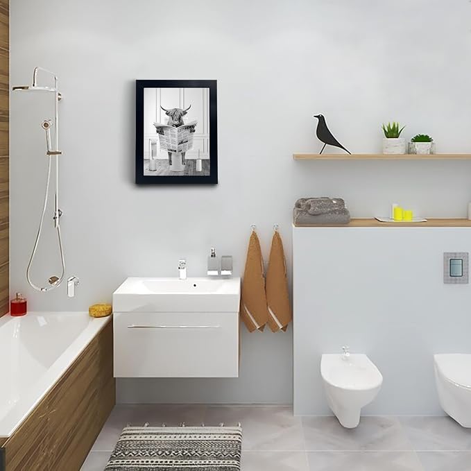 Black Framed Highland Cow Wall Art in Bathtub, Funny Black and White Canvas Picture, Humor Animals Artwork Prints for Bathroom, Bedroom, Kids Decor
