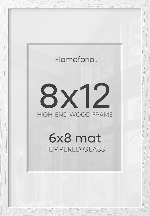 Homeforia 8x12 White Oak Picture Frame, High-End Wood, 6x8 Mat, Glass