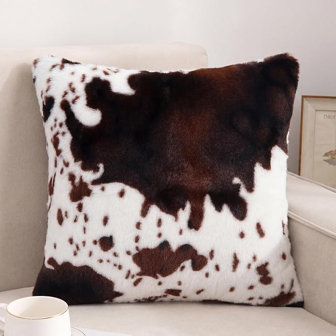 cygnus Cow Print Throw Pillow Covers 18x18 inch | Set of 2,Fluffy Fuzzy ，Faux Fur Throw Pillow Covers for Couch Sofa Living Room Bedroom Decor