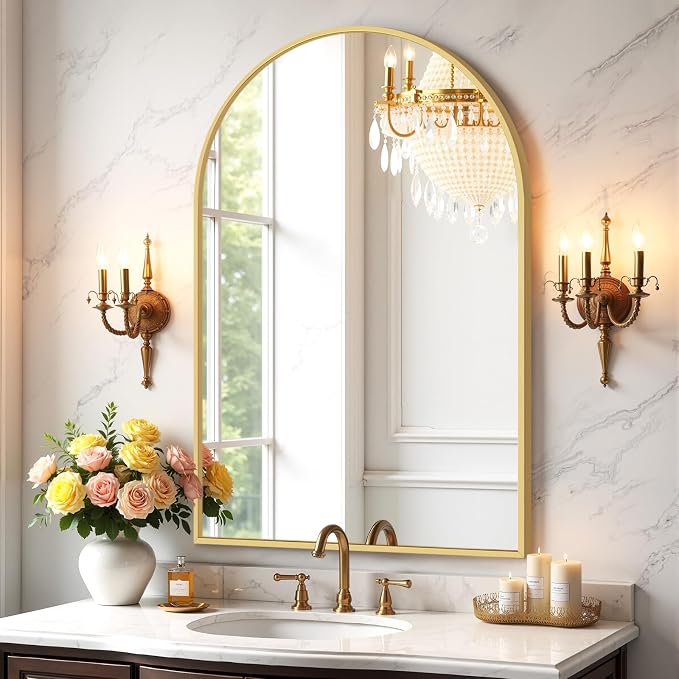 Bathroom Mirror for Wall, 38x26 Inch Arched Mirror, Matte Gold Metal Framed Bathroom Vanity Mirrors for Restroom Farmhouse, Anti-Rust, Tempered Glass, Hanging or Leaning