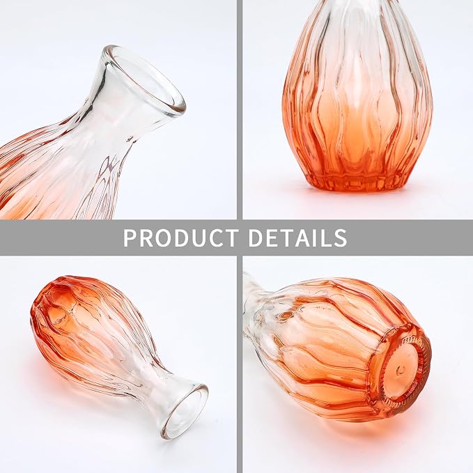 Glass Bud Vases Set of 4, Small Orange Flower Vases for Wedding Centerpiece | Clear Vintage Embossed Mini Vases for Table Decorations, Flower Arrangements in Vases for Party or Home Decor