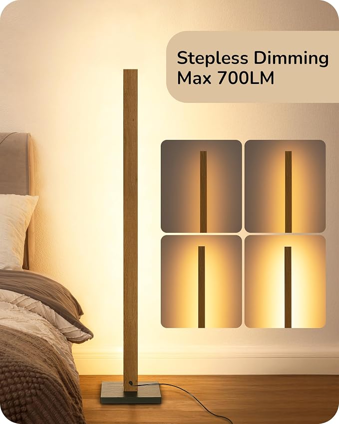 EDISHINE 48.43" Wooden LED Corner Floor Lamp with Remote, Dimmable & 7CCT