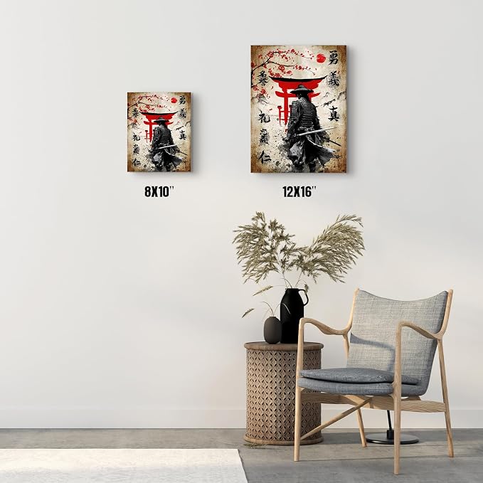 Wesluin 8"x10" Samurai Warrior Canvas – Red Torii Gate Japanese Wall Art | Stoic samurai stands beneath crimson torii gates. Timeless bushido decor. Hook included, ready to hang.