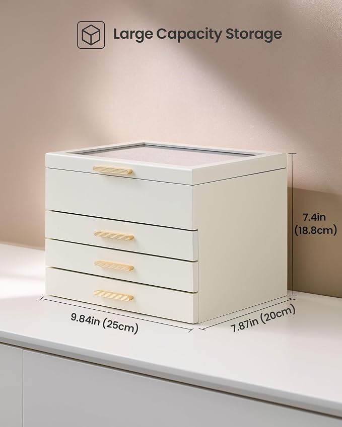 Lolalet Jewelry Box, Clear Window Wood Jewelry Storage for Earrings Bracelets Necklaces Rings, High Capacity Organizer for Women, Valentine's Day Gift -Beige, 4 Layers