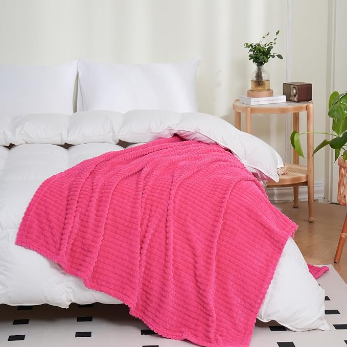 Puncuntex Fleece Throw Blanket Hot Pink 60"×80" with Square Grid Design | Super Soft Plush Cozy Flannel Throw Blanket Luxury for Couch Sofa Chair