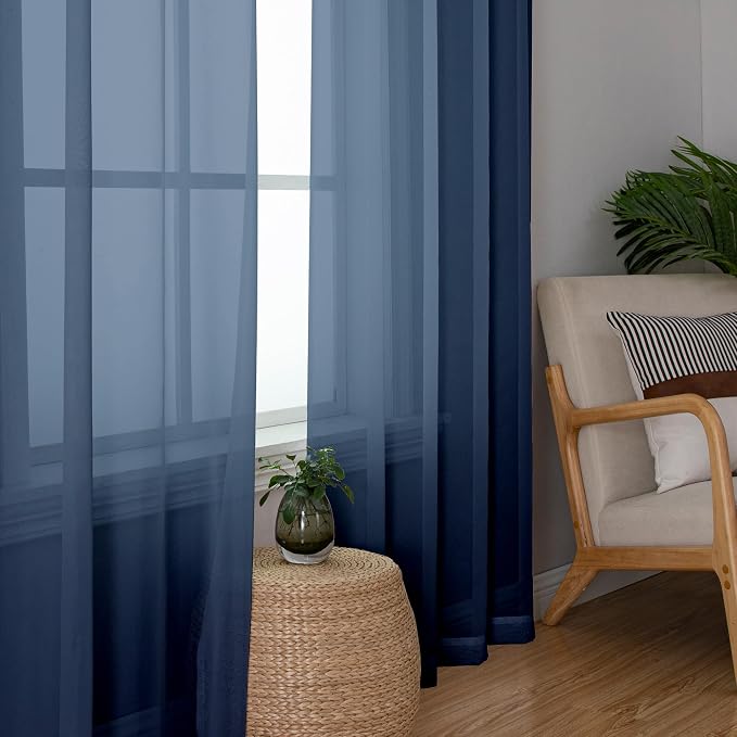 Simplebrand Blue Sheer Curtains 63 Inch Length 2 Panels, Rod Pocket Solid Color Window Sheer Curtain Panels, Elegant Curtains & Drapes for Living Room, Bedroom 2 Panels (Navy Blue, 42" W x 63" L)