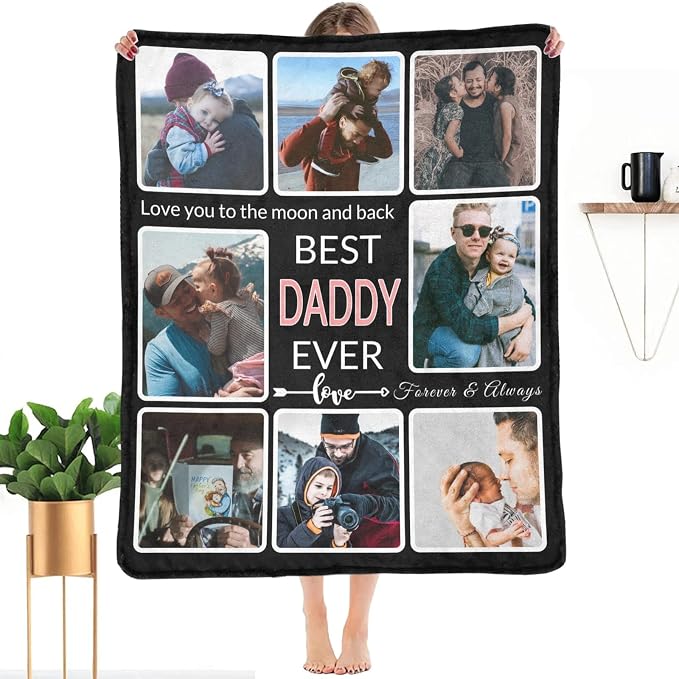 Gifts for Dad Custom Blanket with Photo, Make a Personalized Father's Day Blankets with Picture to My Dad, Customized Memories Souvenir Throws for Best Daddy Ever, 8 Collage Made in USA