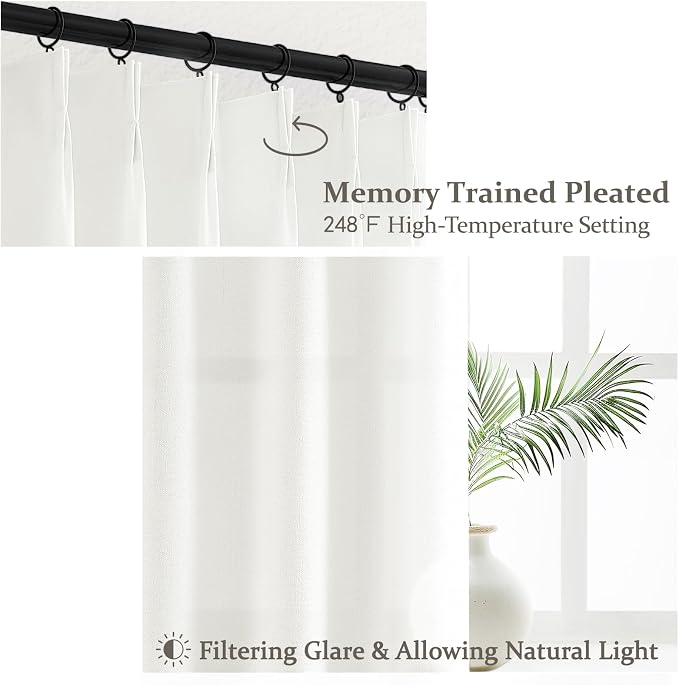 Pinch Pleated Sheer Pure White Curtains 90 Inches Long for Bedroom, Faux Linen Farmhouse Viral Light Filterin Privacy Curtains That Let Light in Kids Room Window Drapes Hooks 40"W x 90"L Panels 2 Set
