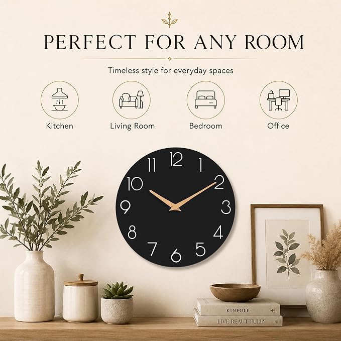 cicininc 12 Inch Battery Operated Wall Clock, Silent Analog, Black | Kitchen | Office | Bedroom | Modern Style | Easy-to-read Numbers