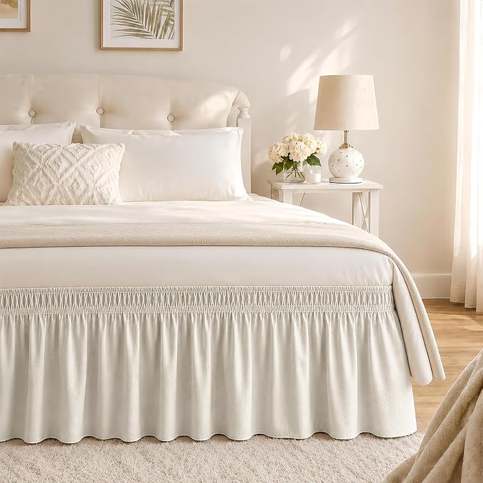 RIMELA Ivory Bed Skirt King Size 15 Inch Drop, Elastic Bed Skirting for Bed Base and Frame, Bedding Dust Ruffle Easy to Install, Lightweight Wrap Around Adjustable Bedskirt | Solid Ruffled, Easy to Use, No Mattress Lifting, Wrinkle & Fade Resistant, wi...