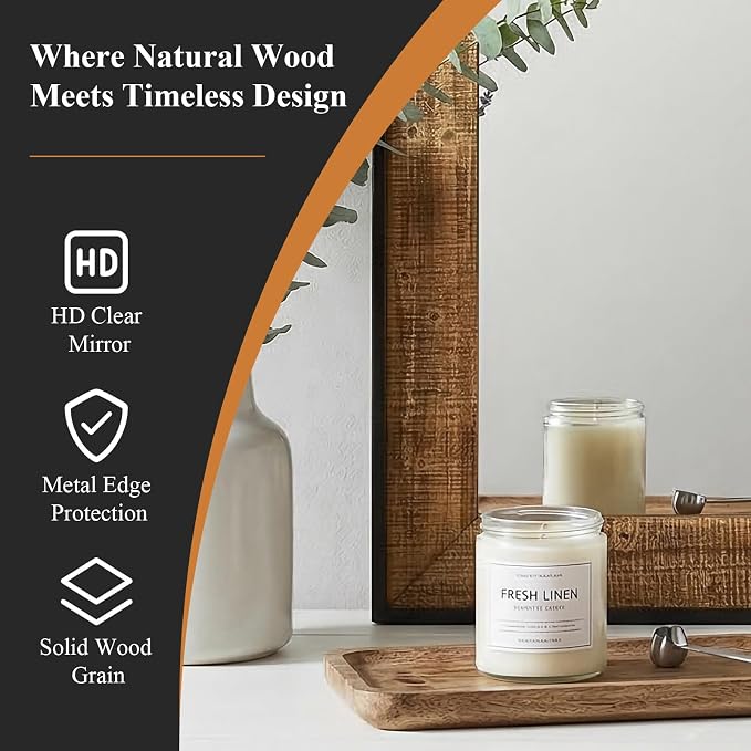 Rustic Solid Wood Wall Mirror 36x24 Inch, Vintage Wood Framed Wall Mirror for Bathroom Over Sink, Living Room, Hallway & Entryway, Farmhouse Style Decorative Mirror