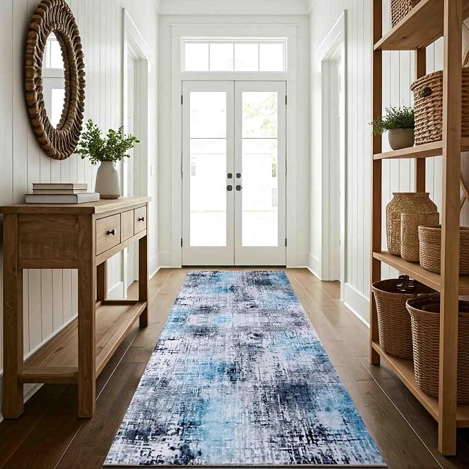 Machine Washable Area Rug, Soft & Durable, Non-Slip, Stain Resistant Rug for Bedroom, Living Room, Dining Room, High Traffic Areas. (Blue, 2.5' X 10')