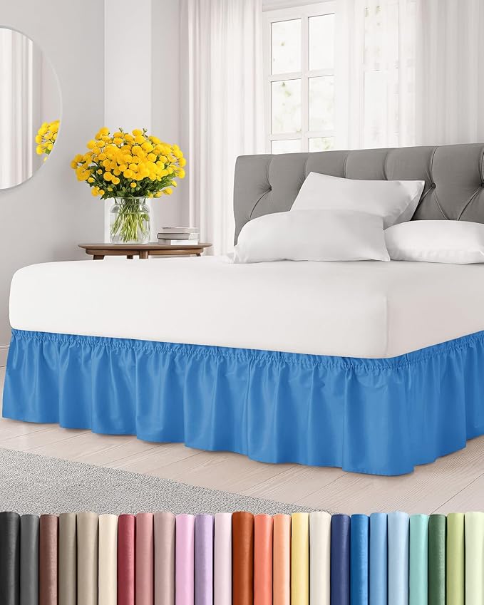 Wrap Around Dust Ruffle Bed Skirt - Royal Blue - for Twin Size Beds w/ 14 Inch Drop - Easy Fit Elastic Strap - Adjustable Pleated Bedskirt w/Brushed Fabric - Wrinkle Free - Women, Men, Kids & Teens