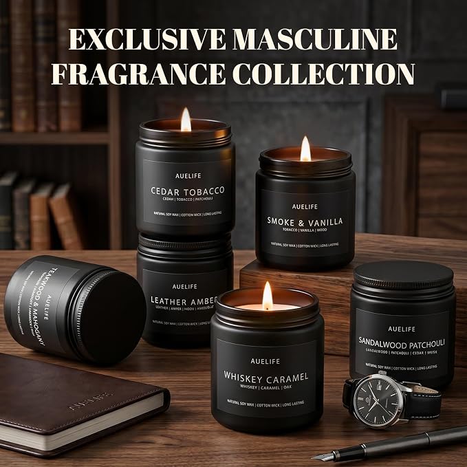 6 Pack Scented Candles for Home, 3.5oz Natural Soy Wax Candles Gift Set,Each 25H Burn, Aromatherapy Candles for Men (Mahogany/Vanilla/Sandalwood/Leather/Cedar/Whiskey)