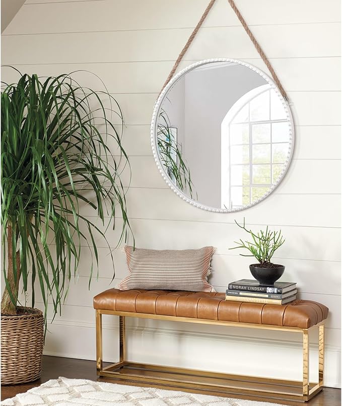 Hanging Circle Mirror Modern Metal Framed Round Mirrors Wall Decorative Rope Hanging Mirrors with Bead for Living Room Entryway Bathroom Bedroom White 18"