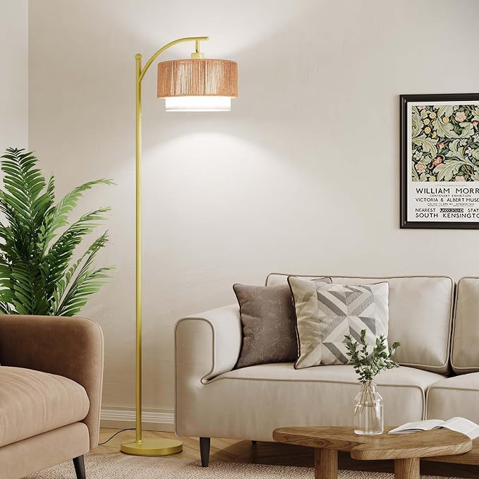 SUNMORY Arc Floor Lamps for Living Room, Rattan Standing lamp with 12W Bulb
