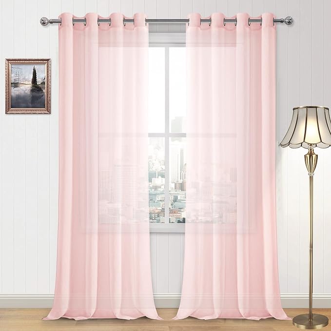 DWCN Blush Pink Sheer Curtains Bedroom Curtains Faux Linen Voile Sheer Drapes Grommet Top Window Curtain Panel 52 x 90 inches Long,Set of 2 Panels