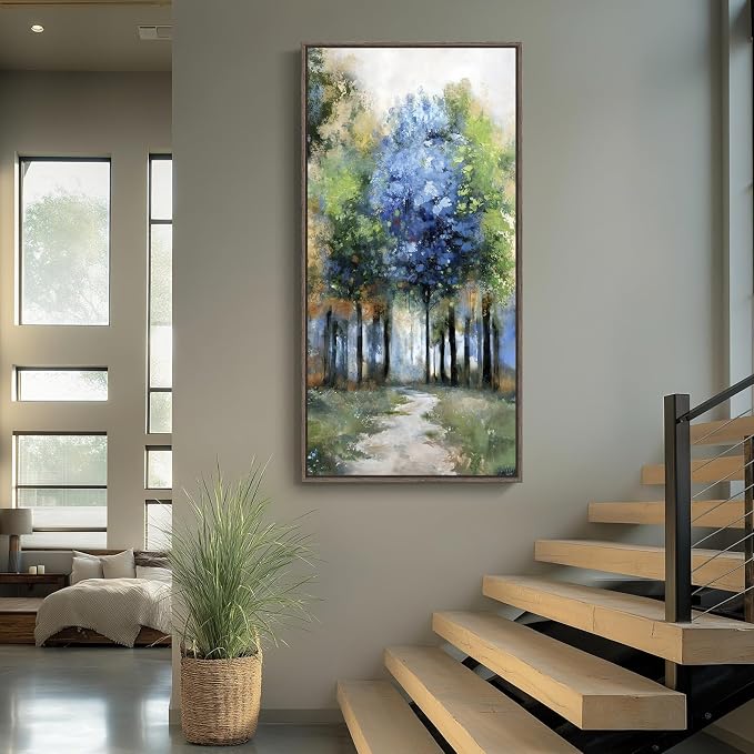 Framed Vertical Forest Path Landscape Wall Art for Living Room, 20x40 Inch | Farmhouse, Nature, Colorful, Large, Forest scenery, Office art, Foyer wall decor, Hallway decor, Ready to hang, Wood frame