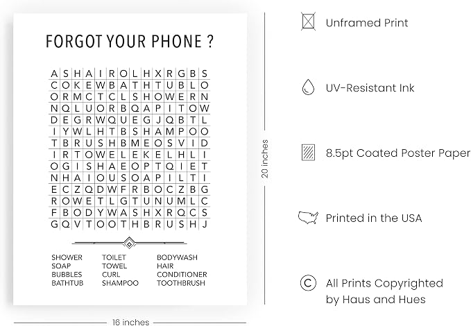 HAUS AND HUES Funny Bathroom Wall Art – Word Search Poster, Unframed Funny Kids Bathroom Print, Guest Bath and Powder Room Decor (16x20, Unframed)