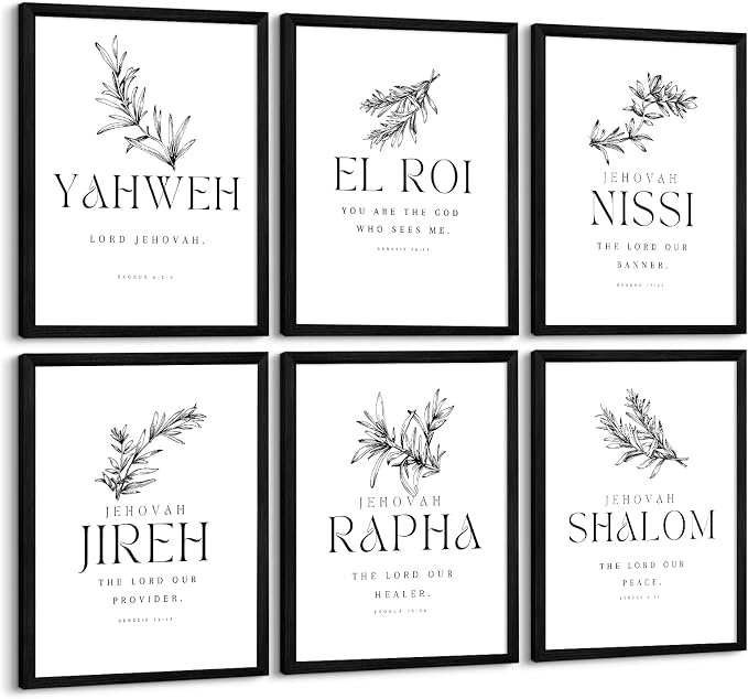 Christian Hebrew Names of God Wall Art Bible Verse Scripture Canvas Wall Decor Art Minimalist Jesus Pictures Modern Christian Poster Artwork Bible Verse Prints for Room 8x10 Inch Framed Set of 6