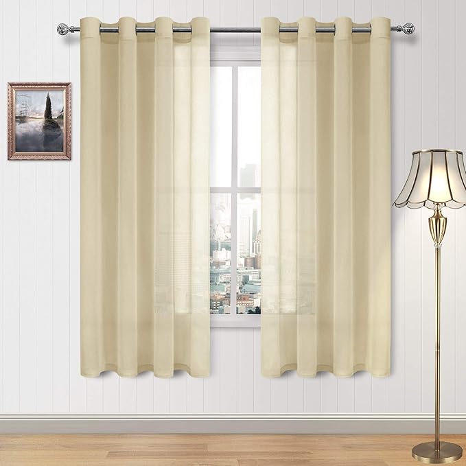 DWCN Sheer Curtains Faux Linen Voile Sheer Drapes for Living Room Grommet Window Curtain 52 x 63 Inch Long, Set of 2, Beige