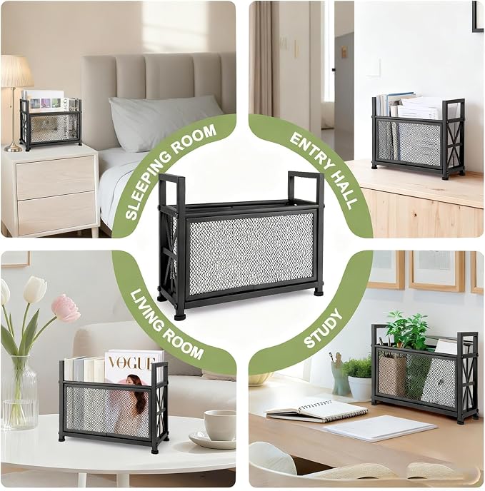 Magazine Rack Floor, Black Magazine Holder, Magazine Storage Basket | File Holder Organizer Stand, Metal Storage Shelf Box Bin Folder Organizer for Magazines, Books, Newspapers
