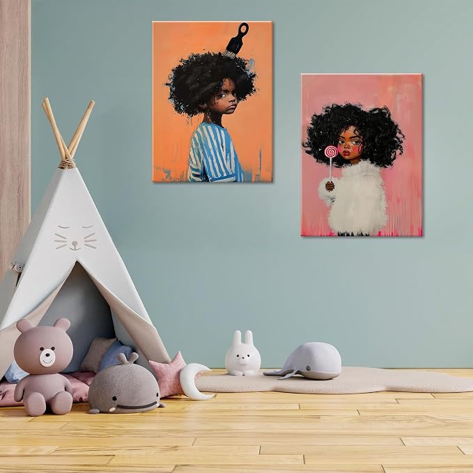 ouiytws Black Girl Wall Art Set of 2, Afro Canvas Prints for Kids Room | Framed 16x24 inch diptych wall art for kids bedroom, cute boho modern painting, ideal boys and girl room decor